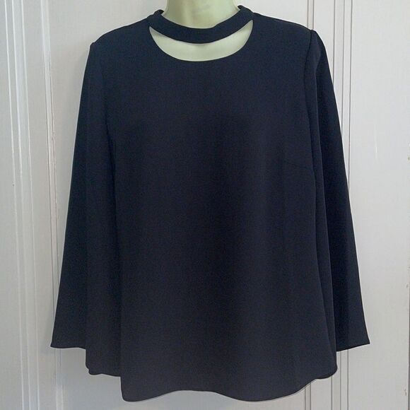 Chico’s black polyester blouse with bell sleeves & half moon cutout at neck - Picture 1 of 10